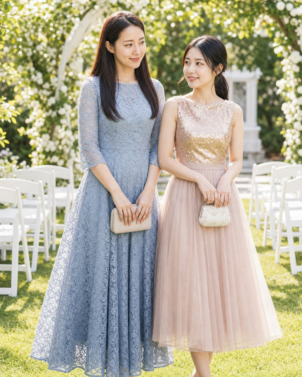 結婚式場のロビーで、淡いブルーのレースドレスを着た女性
