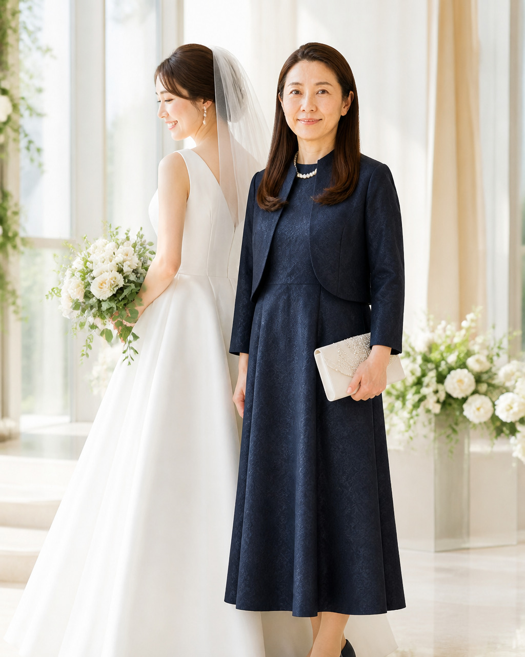 挙式前の控室で、黒のチュールドレスとボレロを着た新婦の母