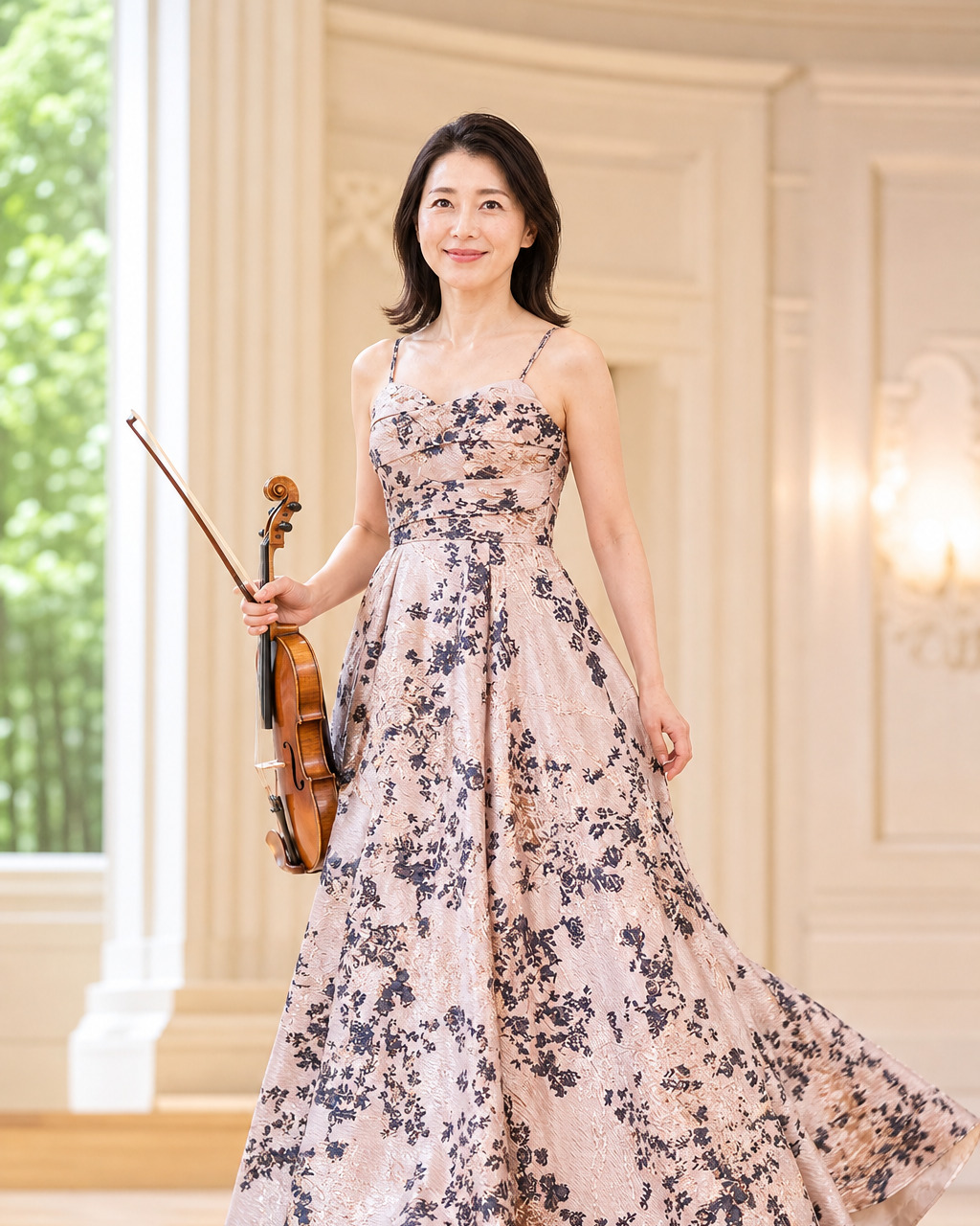 演奏会のステージ袖で、水彩花柄のティアードドレスを着た女性