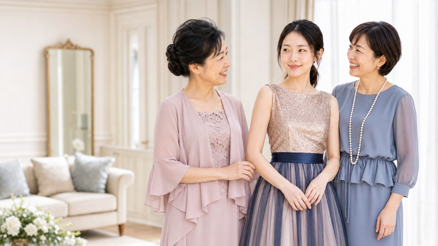 結婚式場の控室で語らう、年代の異なる3人の女性。くすみピンク、シャンパンゴールド、ブルーグレーのドレス姿