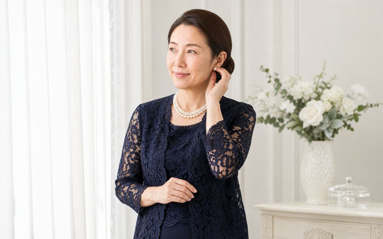 花嫁の控室で、2連のパールネックレスとパールのイヤリングを着け、ネイビーのレースのアンサンブルを着た母親