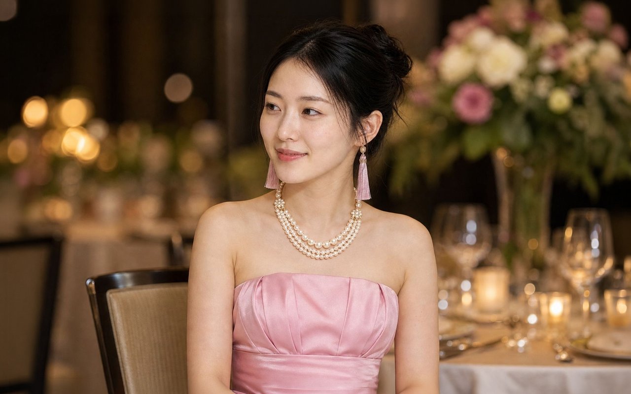 結婚式のパーティーで、ゴールドの3連パールネックレスとピンクのタッセルピアスを着けた、ピンクのドレスの女性
