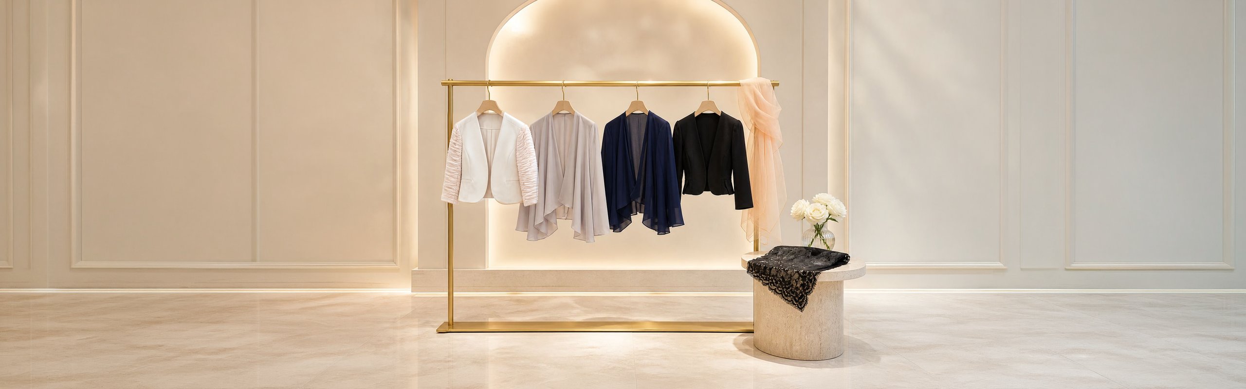 百貨店のブティックで、真鍮のラックに掛かった4着のボレロ。シフォンのシャーリング袖の淡いシャンパンベージュのサテン、グレーとネイビーのシフォン、ブラックのジャケット。ピーチのオーガンジーストールと黒のレースショールも並ぶ