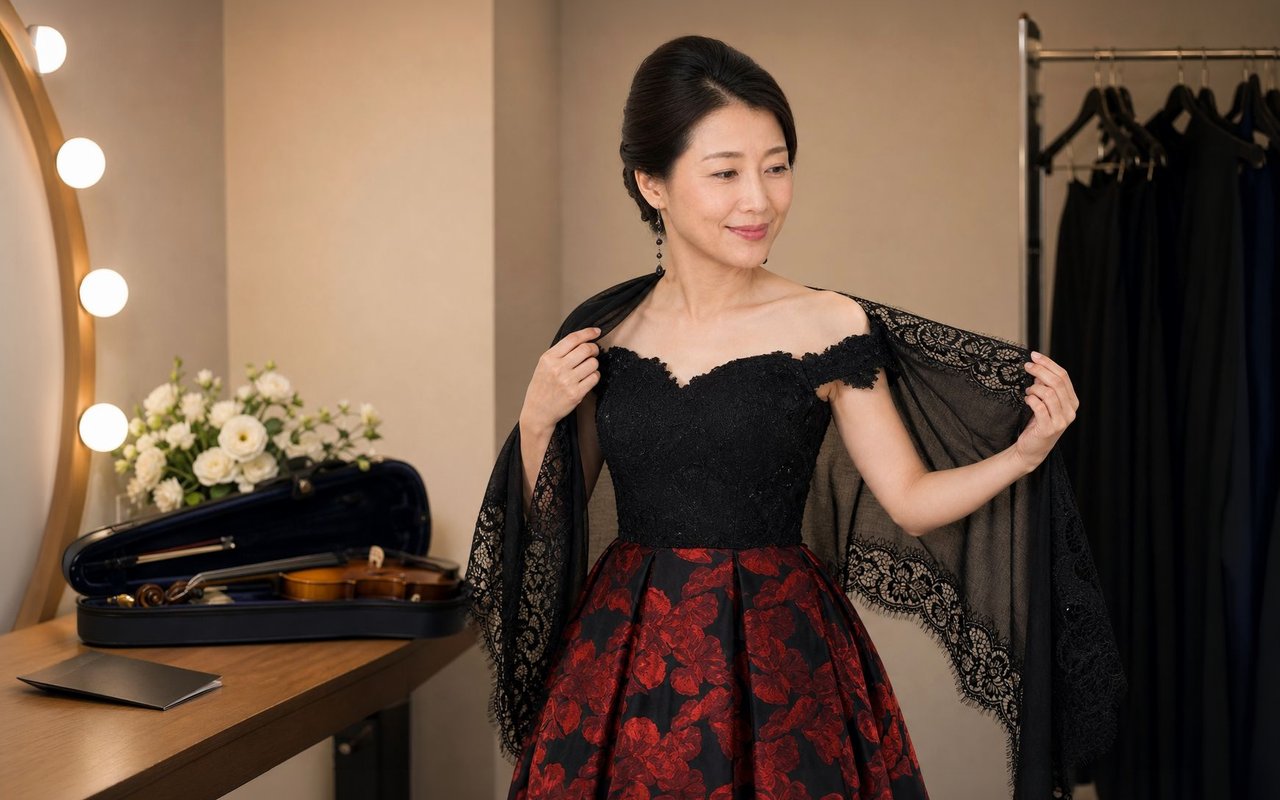演奏会の控室で、黒レースのボディスに赤いバラのジャカードのドレスへ、黒のレースショールを羽織るヴァイオリニスト