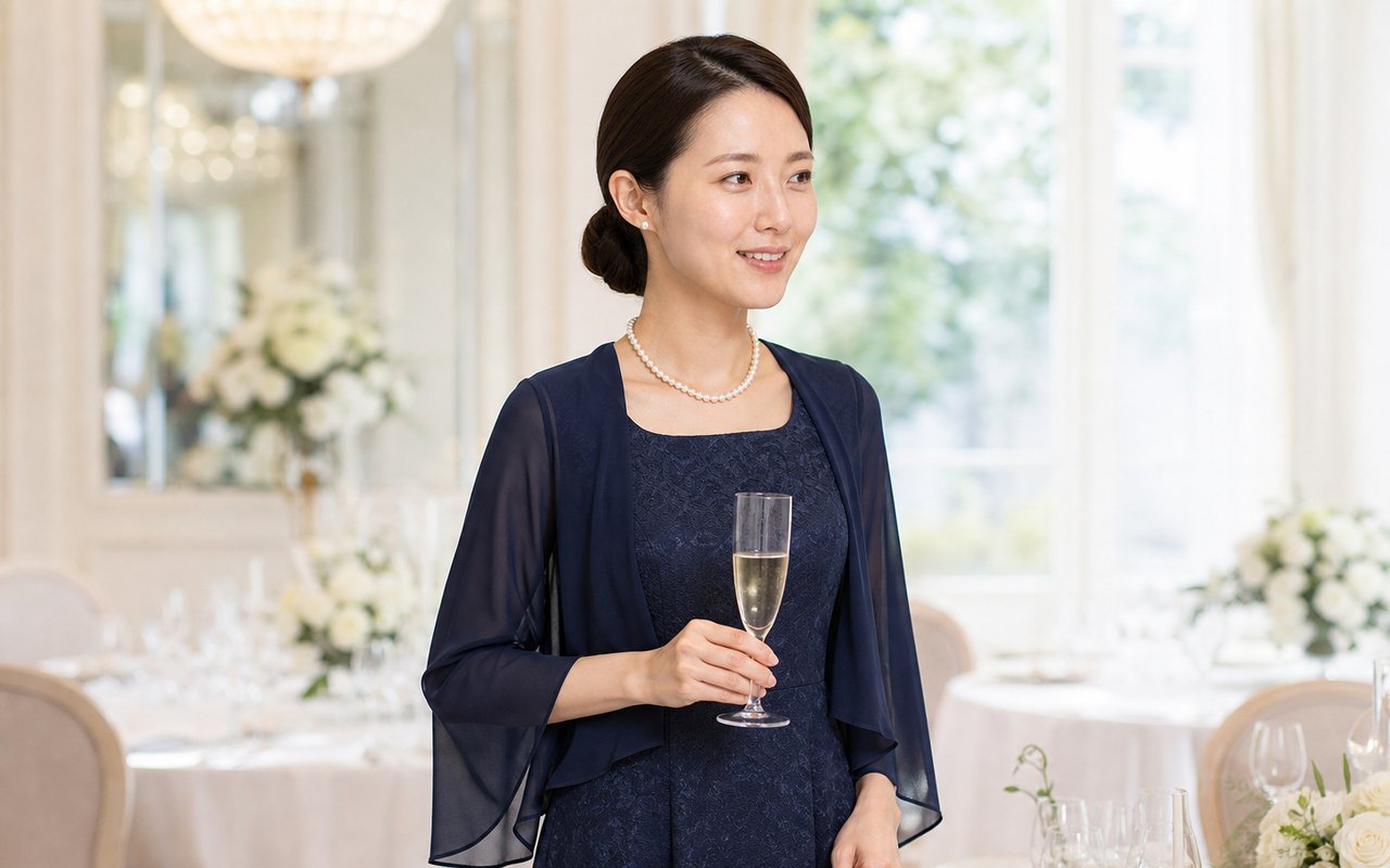 結婚式の披露宴会場で、ネイビーのドレスに同じ色のシフォンのボレロを羽織り、グラスを手に歓談する女性