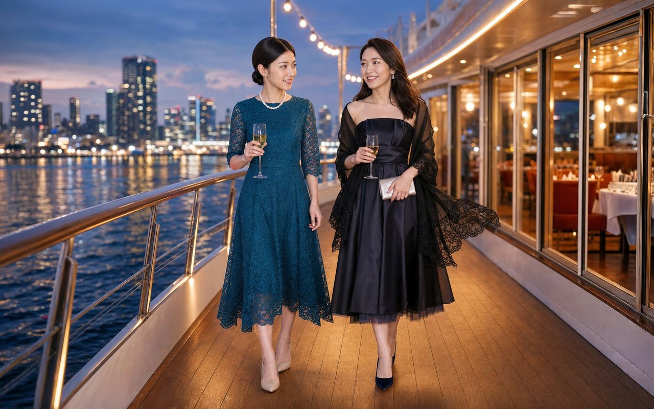 夜景がきらめくディナークルーズのデッキを、笑顔で歩く2人の女性。エメラルドグリーンの総レースのミディ丈ドレスと、黒のレースショールを羽織ったネイビーのサテンドレス