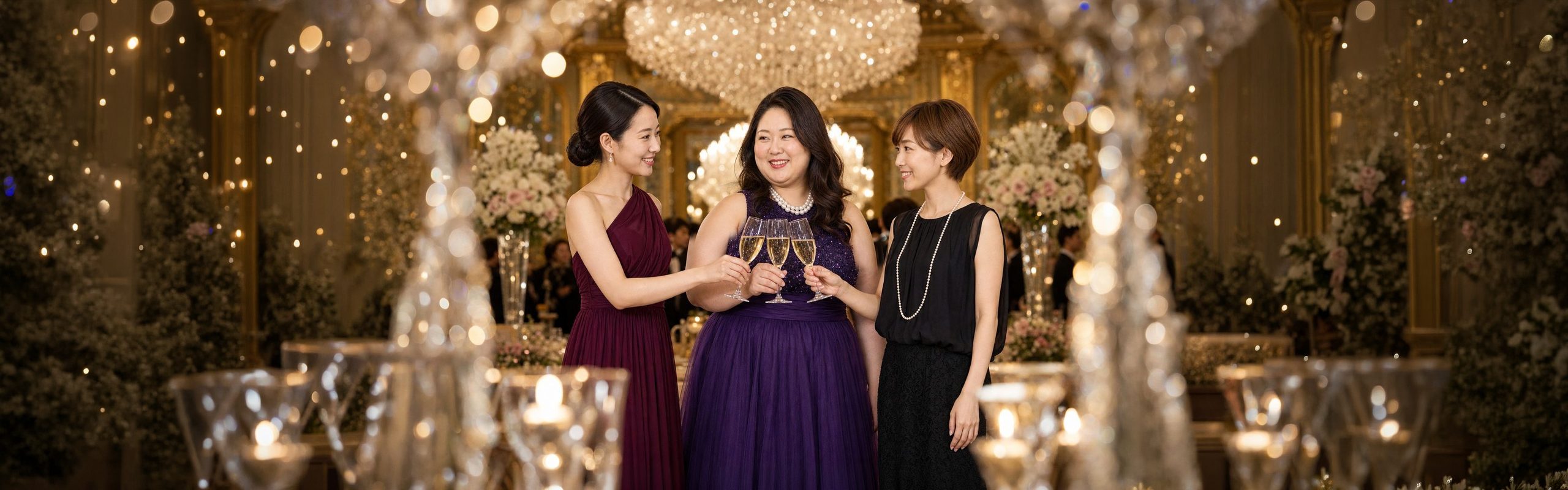 光り輝くホテルの宴会場で、シャンパンで乾杯する3人の女性。中央はパープルのチュールのロングドレスを着たふくよかな女性