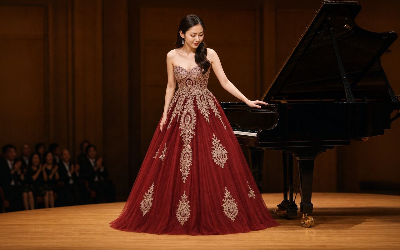 ピアノの演奏会のステージで、ピアノに手を添えて一礼する女性。金の刺繍のバーガンディーのチュールのロングドレス
