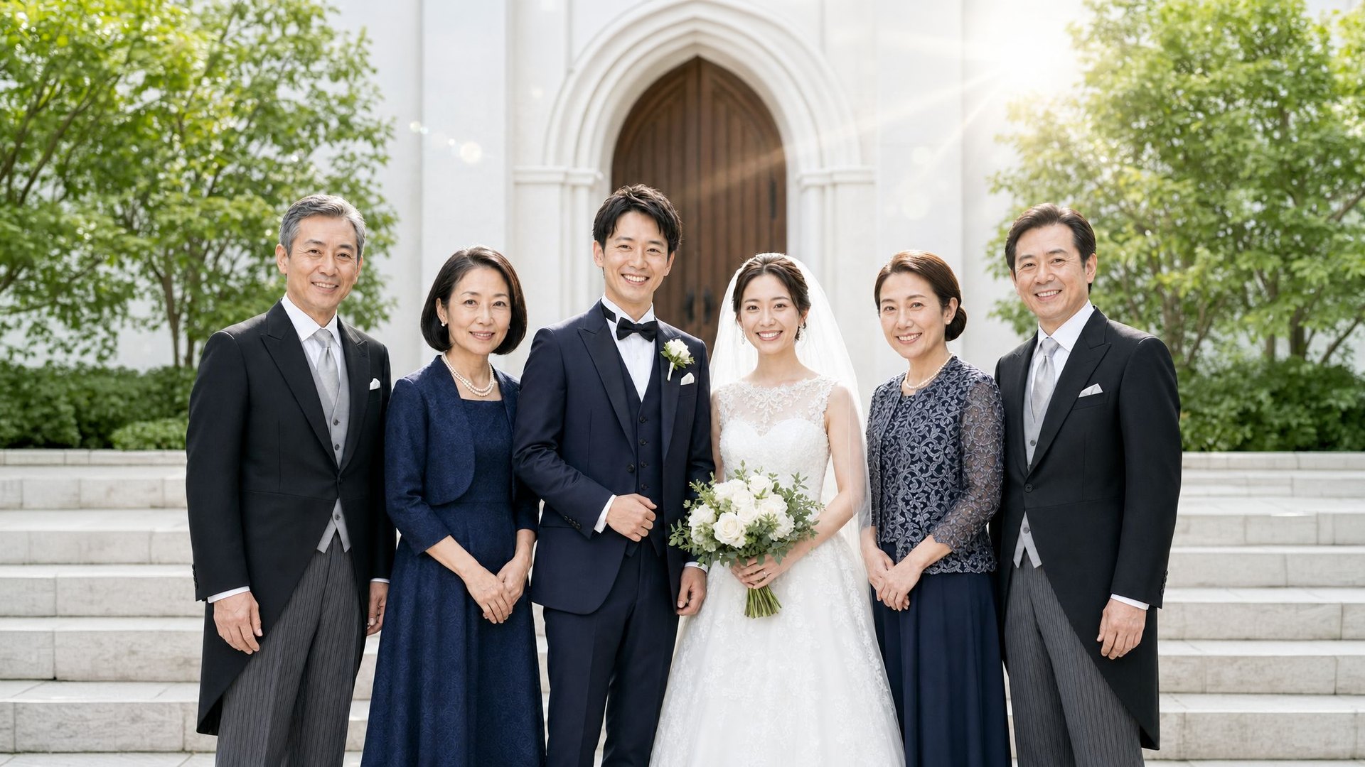 チャペルの前で新郎新婦を囲む、両家の記念写真。母親2人はネイビーのジャカードのボレロアンサンブルと、シルバー刺繍のレースジャケットのドレス姿