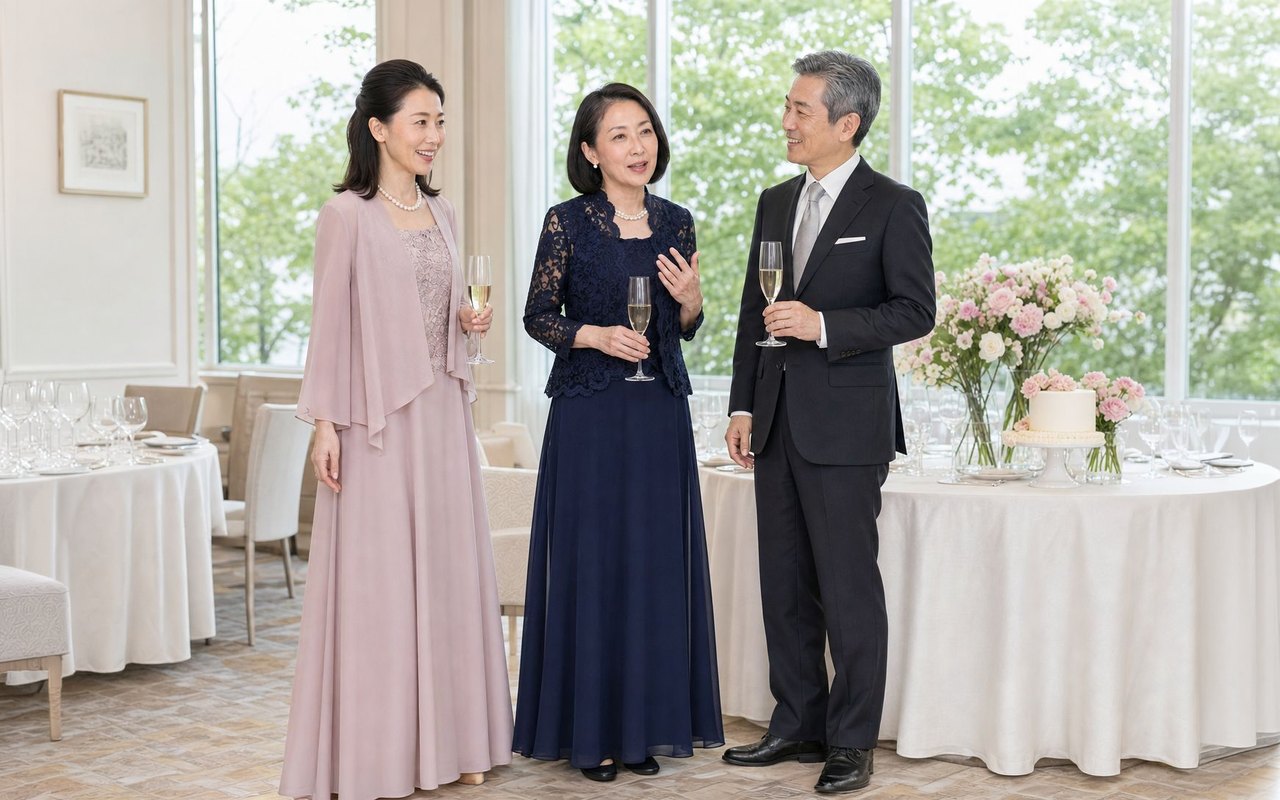 ホテルのレストランでのお祝いの食事会で、シャンパンを手に語らう親族。ネイビーのレースのアンサンブルとモーヴのシフォンのドレス姿