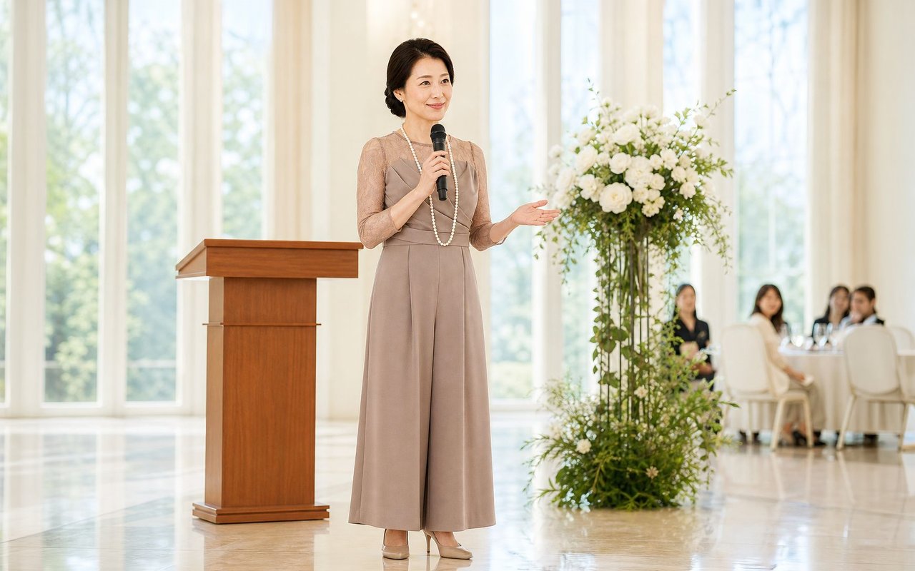 結婚式の披露宴で、マイクを手に司会をする女性。レース袖のベージュのオールインワン