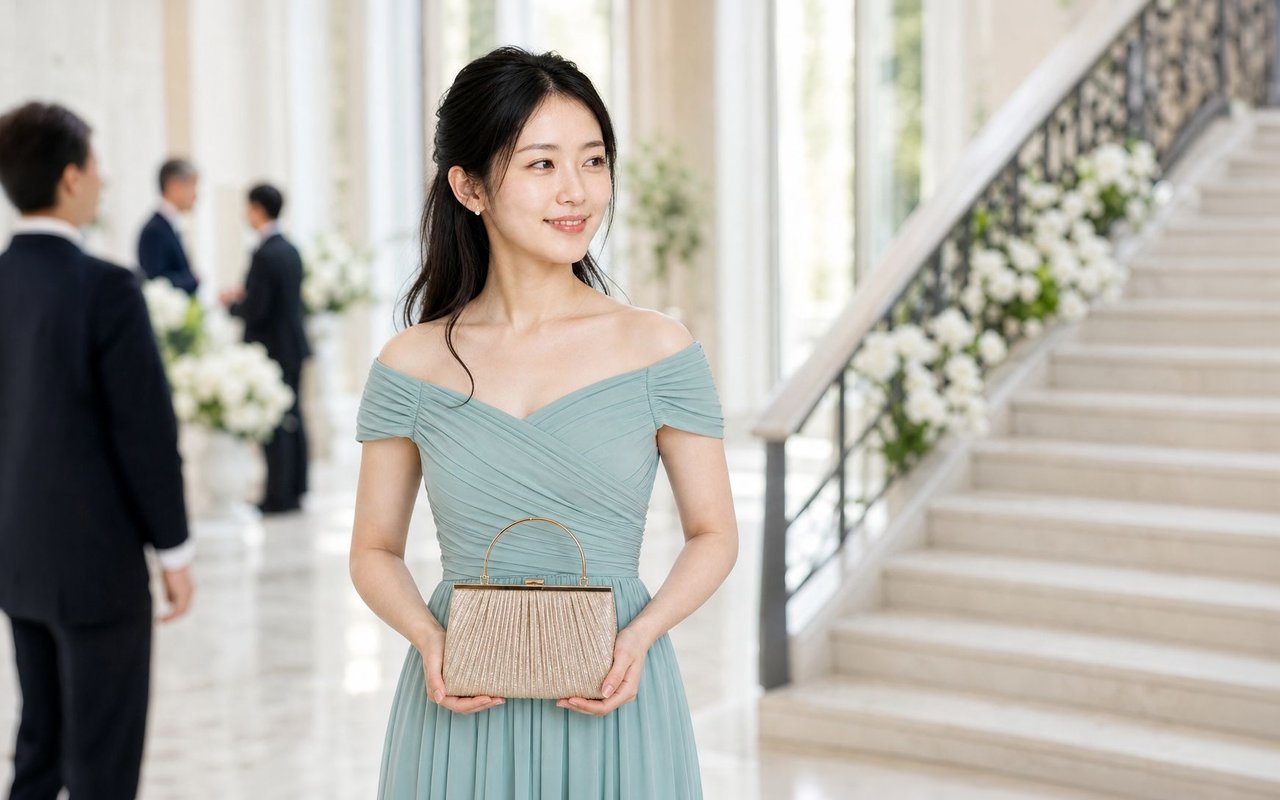 挙式後の式場のロビーで、ゴールドのプリーツバッグを両手で持つ、セージグリーンのドレスの女性