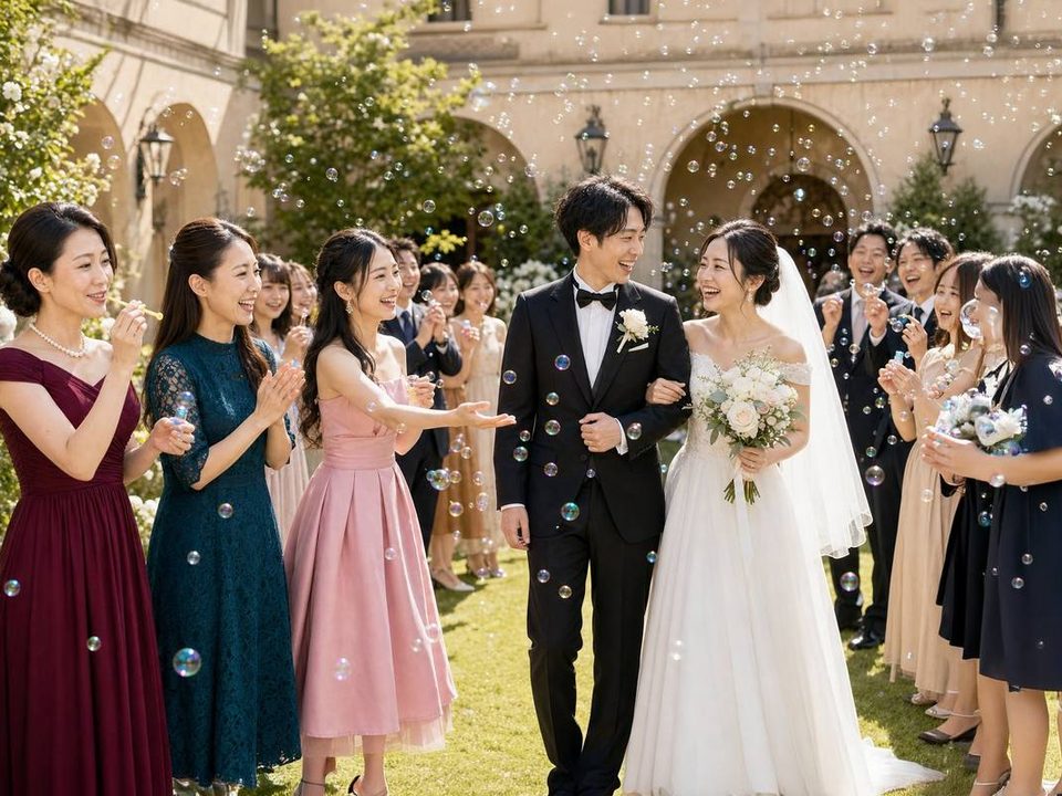 ガーデンでバブルシャワーをする結婚式のゲスト