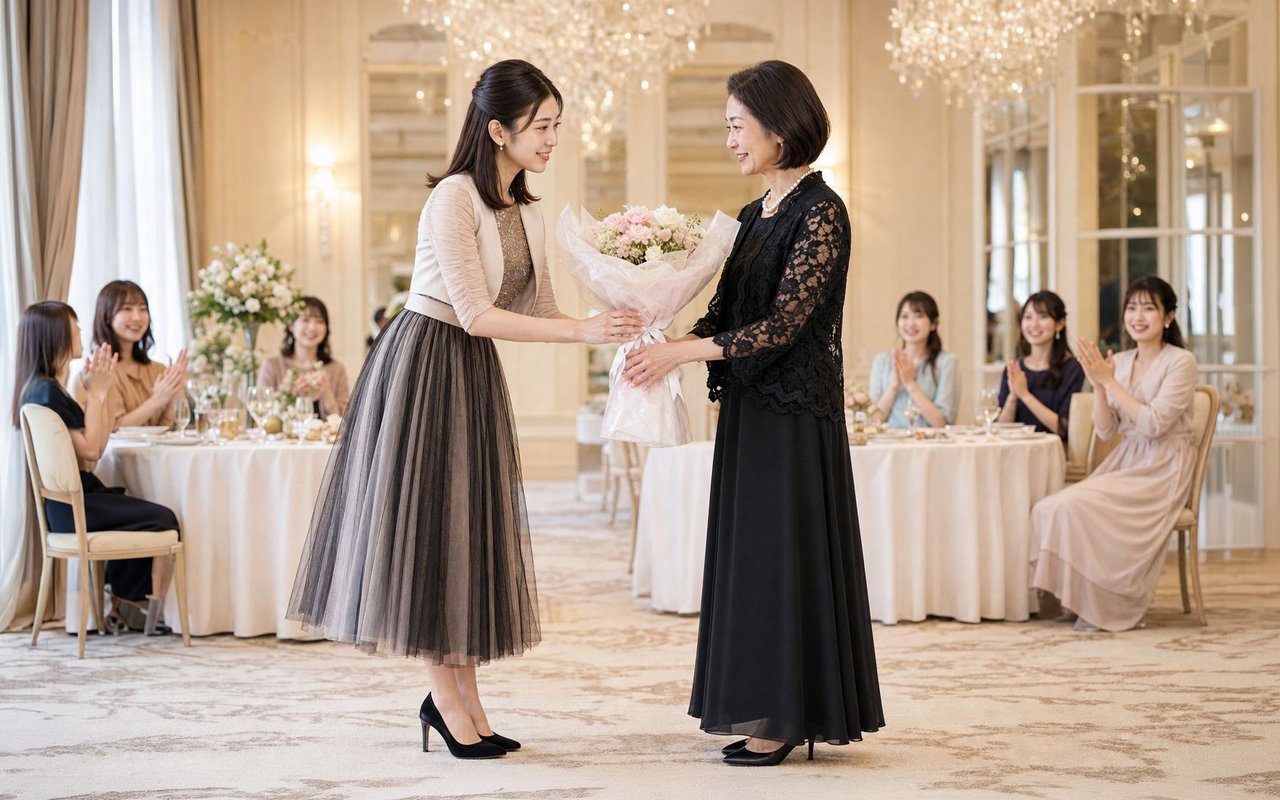 ホテルの謝恩会で、先生に花束を手渡す卒業生。ゴールドのスパンコールと黒のチュールのミディ丈ドレスに、シャンパンベージュのボレロ
