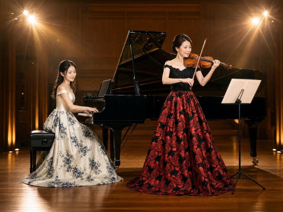 ステージでピアノとヴァイオリンを演奏する2人の女性