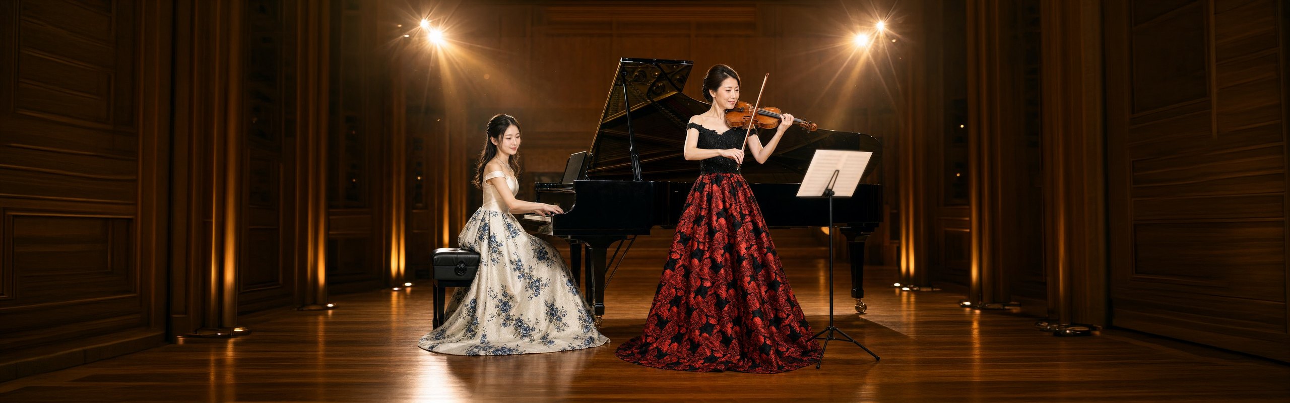コンサートホールのステージで、ピアノとヴァイオリンを演奏する2人の女性。アイボリー地にネイビーのバラのジャカードと、黒レースに赤い花柄ジャカードのボールガウン姿