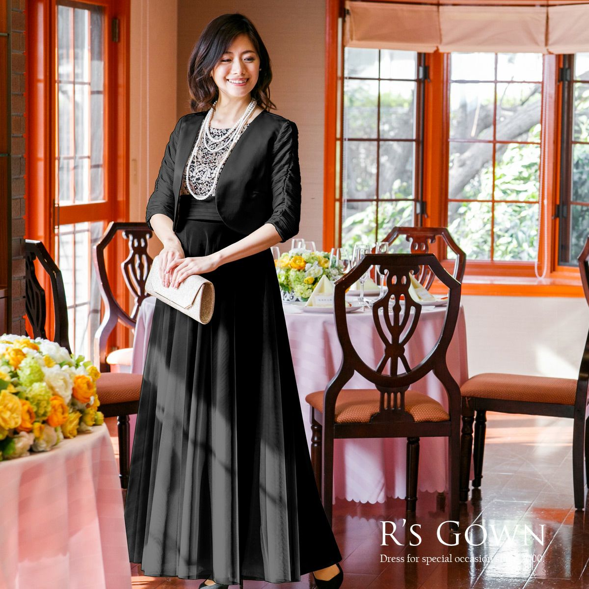 新品 アールズガウン R'S GOWN ロングドレス＆ボレロ M 9号 黒 美麗シルエット サテン シアースリーブ ボレロ FJ-000182 | アールズガウン