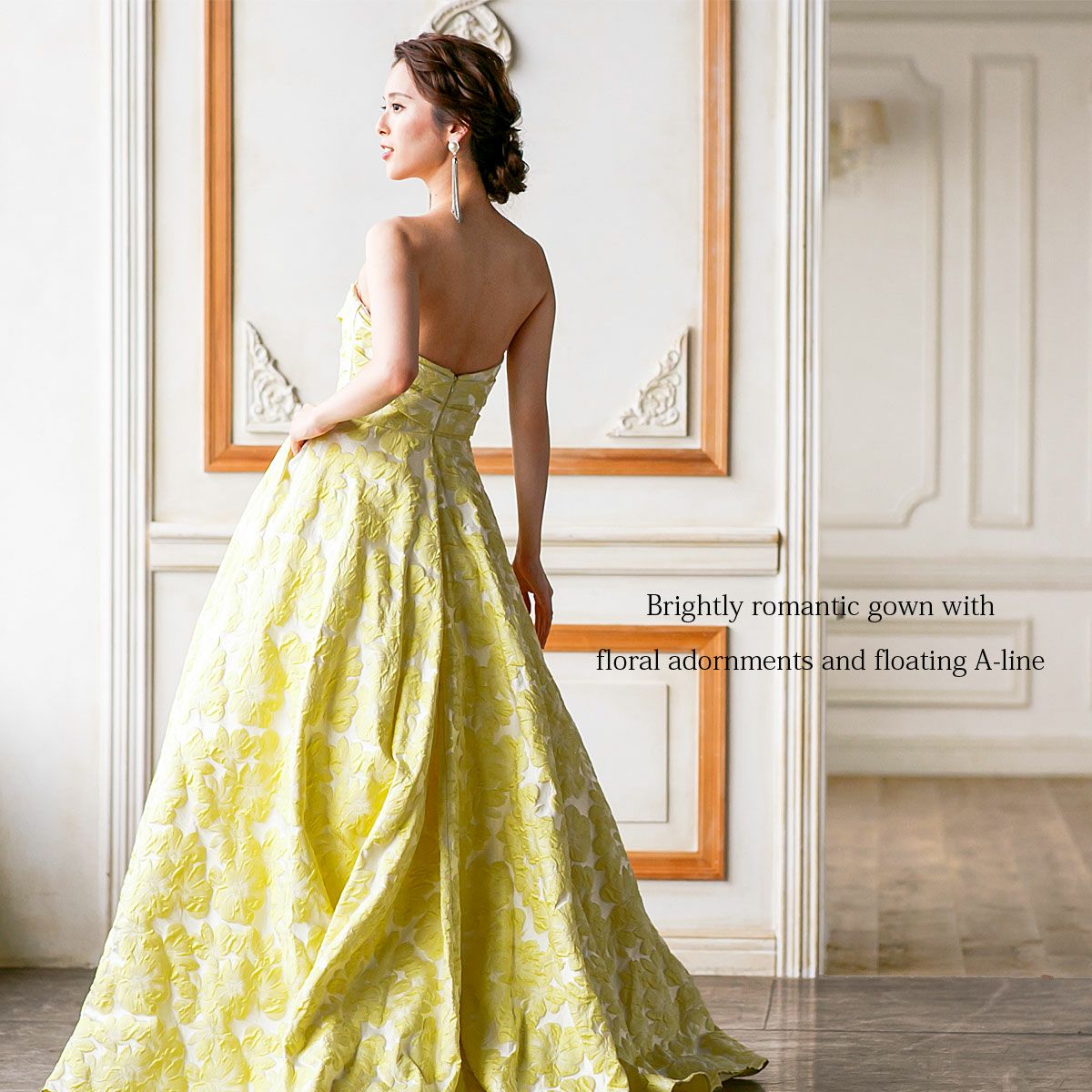 レモンイエローのジャガード織りロングドレス FD-080267 | アールズガウン