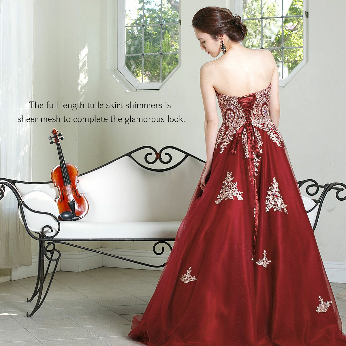 バーガンディー色のAライン演奏会用ロングドレス FD-080252-B