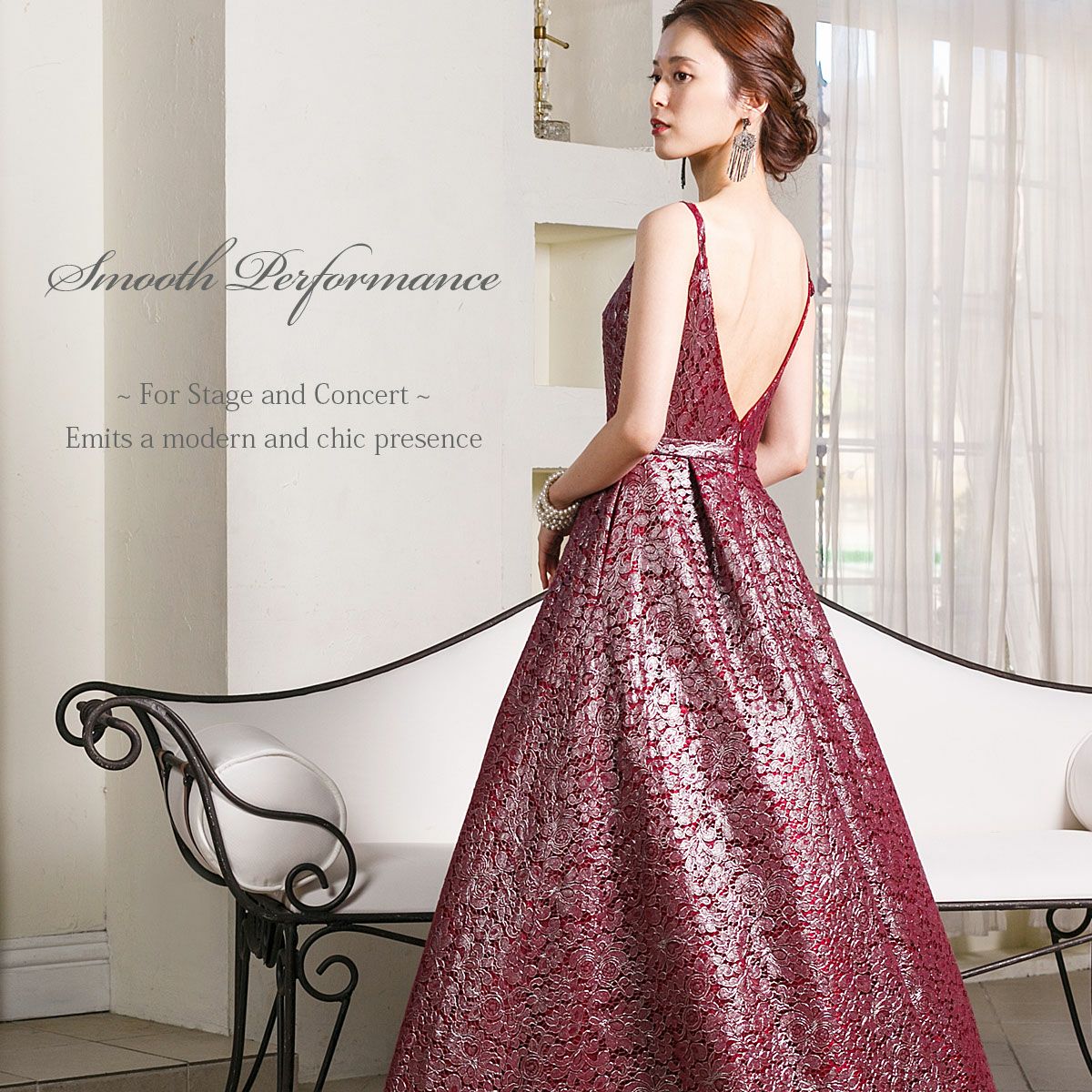 ボルドー色の総レース演奏会ロングドレス FD-080281 | アールズガウン