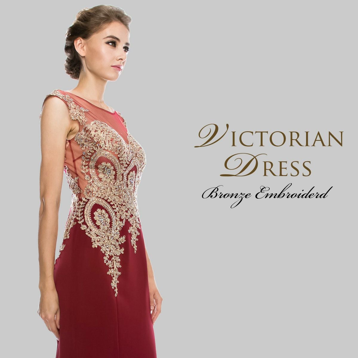 バーガンディー色 金糸刺繍のビクトリアマーメイドドレス FD-080290
