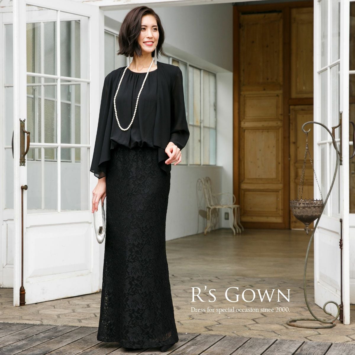 R's GOWN ブラック　アールズガウン　ロングドレス&ボレロ ブラウジングドレスとシフォンボレロのセット FD-050105-set